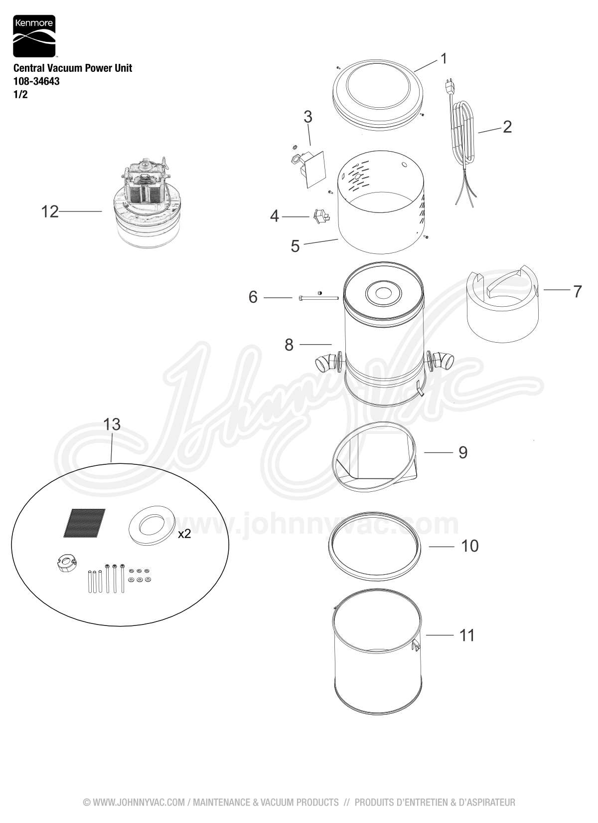 Vacuum Schematic (exploded view) for Kenmore Central Vacuum Power Unit 108-34643,